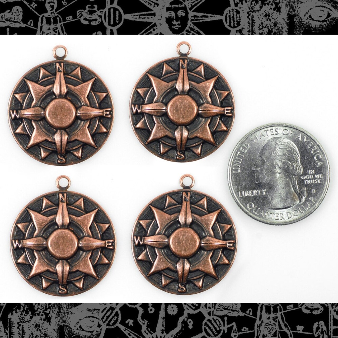 Antiqued Copper Plated Brass Faux Compass Charms with Rings - Set of Four - C-C68